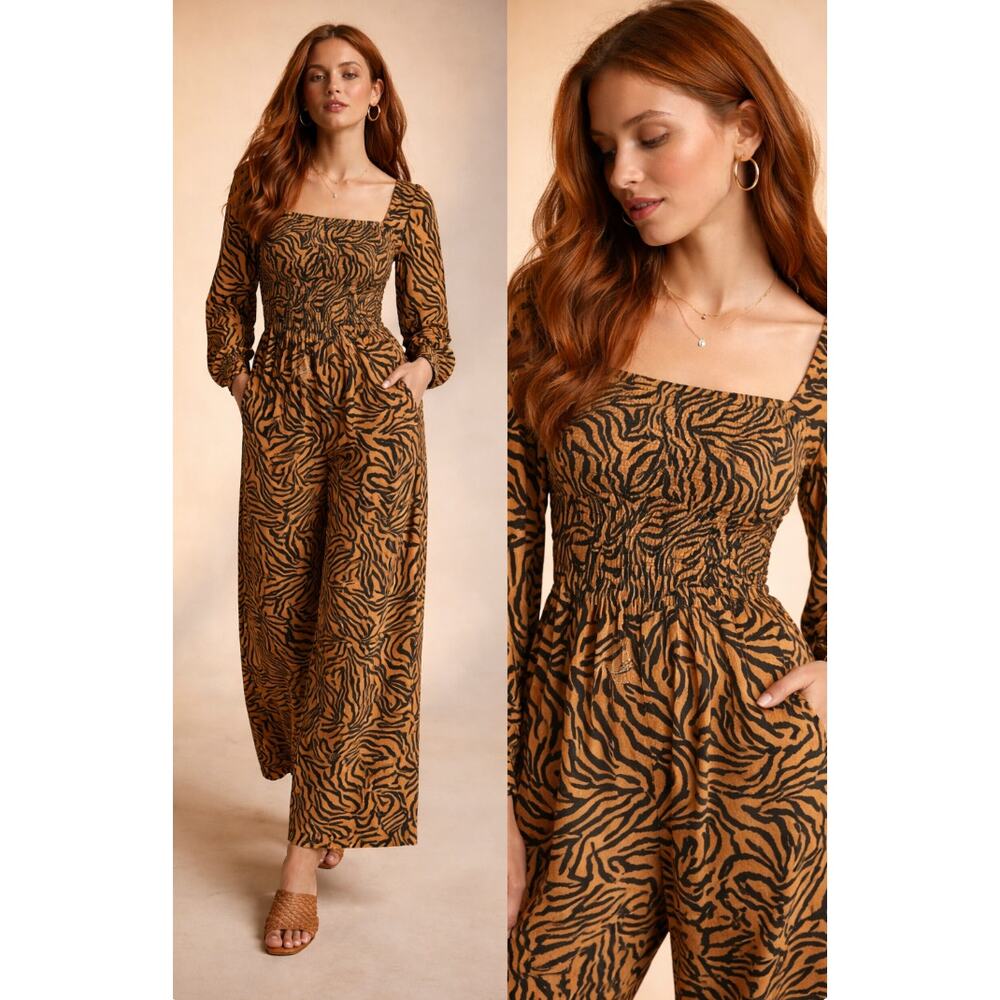 Kachel Tiger-Striped Jumpsuit Anthropologie 8 Zebra Print Wide Leg Smocked Chic